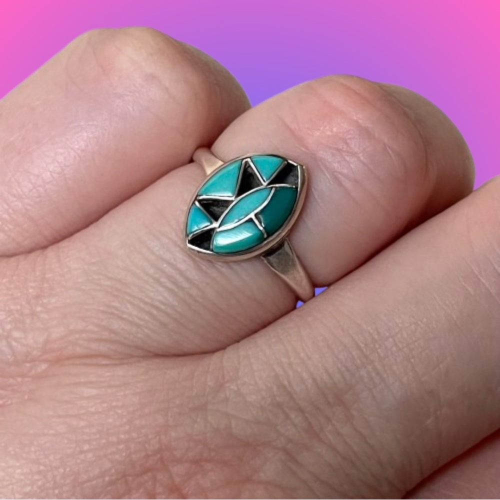 Vintage Zuni-style inlay eye ring Southwestern boho sz 6.75